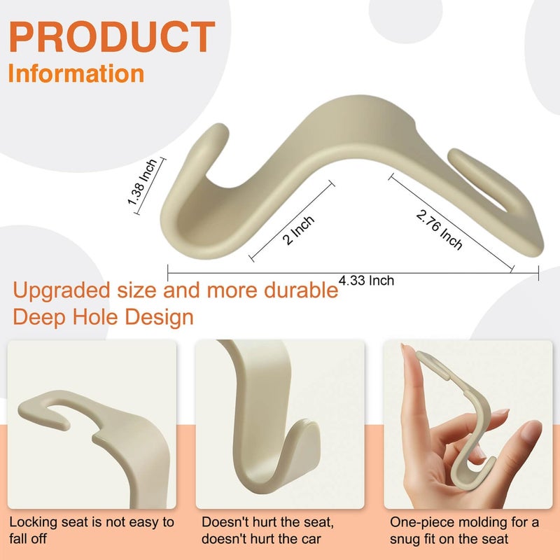 KULOLO Car Seat Hooks & Purse Holder - 4 Pack Boxed,55 lb Heavy Duty,Eco PP Car Hooks for Purse/Bag/Baby Gear/Gym Bag/Groceries/Cup/,Fits 0.32-0.55”Car Headrest Rods (Beige) - Image 2
